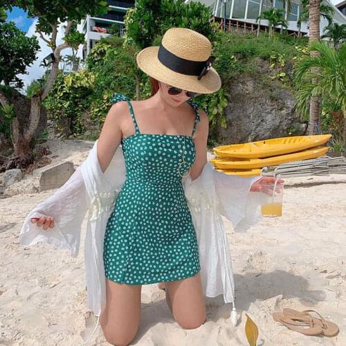 Korea Style New One Piece Swimsuit Women Dots Print Swimwear Skirted Push Up Swim Suit Bow Green Bathing Suit Pad Small Fresh