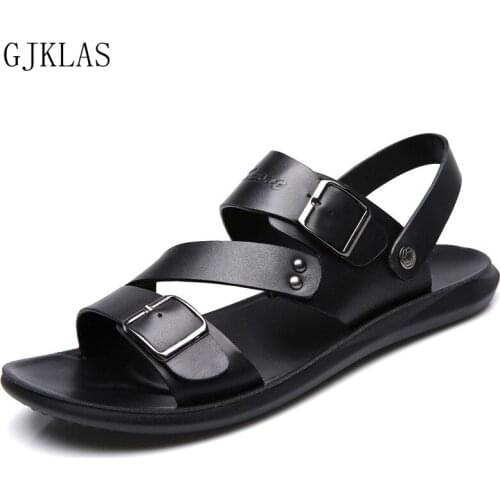 Mens Sandals Genuine Leather Beach Shoes Summer Brown Black Sandals for Men Outdoor Real Leather Casual Shoes Men Slippers