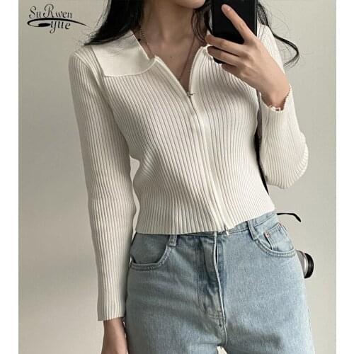 Chic Autumn Sexy Double Zipper Long-sleeved Sweater Woman Short Elegant Casual Cardigan Woman Lapel Elastic Thin Coat Top 16572