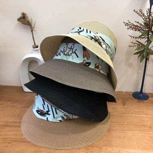 New Fashion Fisherman K pop Bucket Straw Hat For Women Female Summer Beach Shade Color Ribbon Decoration Harajuku Cape SunHat
