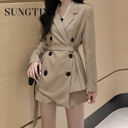 Sungtin Korean Fashion 2 Piece Sets Women Suit Blazers and Shorts Long Sleeve Blazer High Waist Shorts Sashes Office Lady Chic