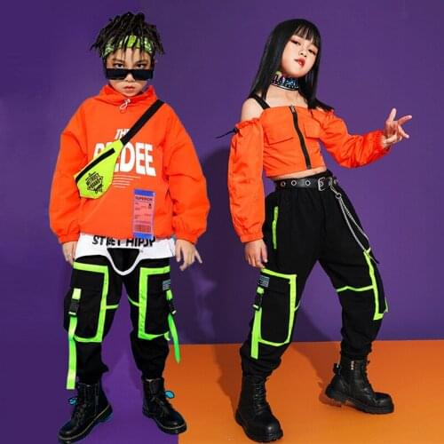 Hip Hop Dance Costumes Kids Orange Jazz Performance Clothes Stage Rave Outfit Long Sleeve Street Dance Practice Wear PP010