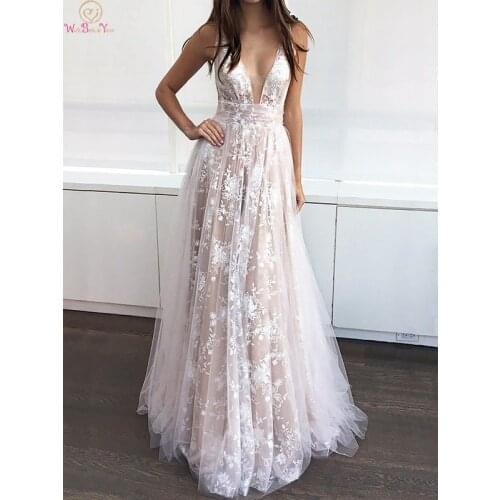Deep V Neck Champagne Backless Prom Dresses 2019 Elegant A Line Sleeveles Floor Length Long Appliques Tulle Formal Evening Gowns