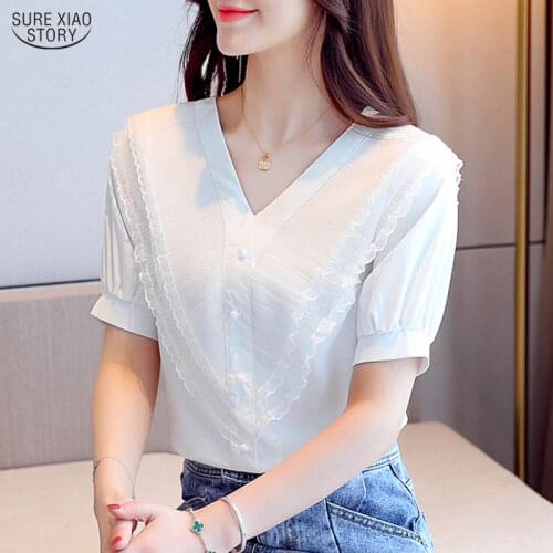 Vintage Lace Shirt Solid Loose Slim V-neck Top Female Short Sleeve Chiffon Blouse Ropa De Mujer Summer New Womans Shirt 9855