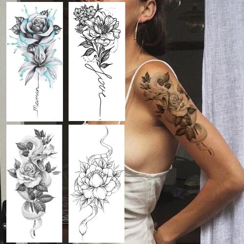Snake Temporary Tattoos For Women Girls Big Rose Flower Tattoo Black Waterproof Fake Peony Colorful Tatoo Body Arm Chest Back