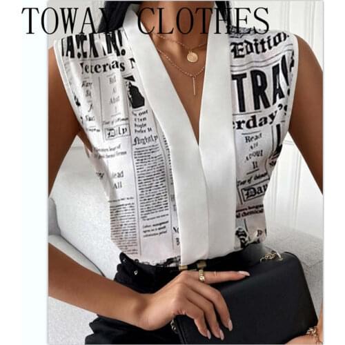 Women Summer Newspaper Print V-Neck Sleeveless Top Oversize Tee Shirts Workwear