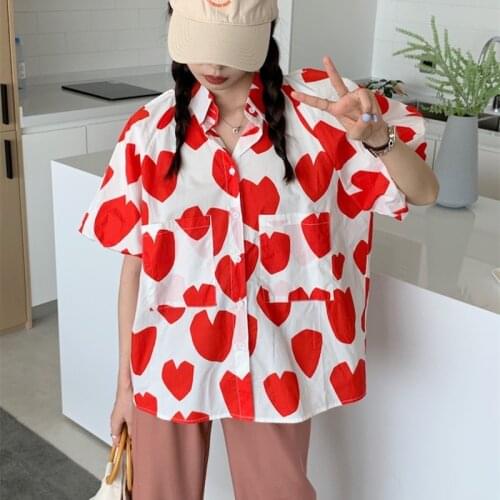Korean Style Summer Women Blouse Vintage Lantern Sleeve Sweet Heart Print Shirt French Turn Down Collar Casual Female Tops