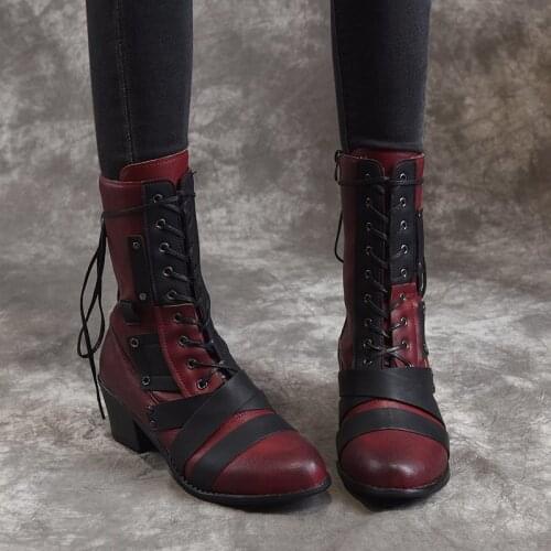 2021New Women Winter Outdoor Lace-up Ankle Boots Ladies Square Heel PU Boot Plus Size 35-43 Casual Booties Woman Zapatos Mujer