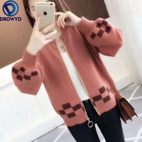 2021 Autumn and Winter New Korean Womens Color Matching Outer Knit Cardigan Fashion Loose Lantern Sleeve Sweater Jacket Coat