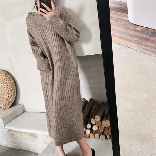 Autumn Winter Knit Dress Women Hooded Thickened Long Sleeve Sweater Dresses Fashion Loose Elegant Solid Maxi Dress 2021 Vestidos