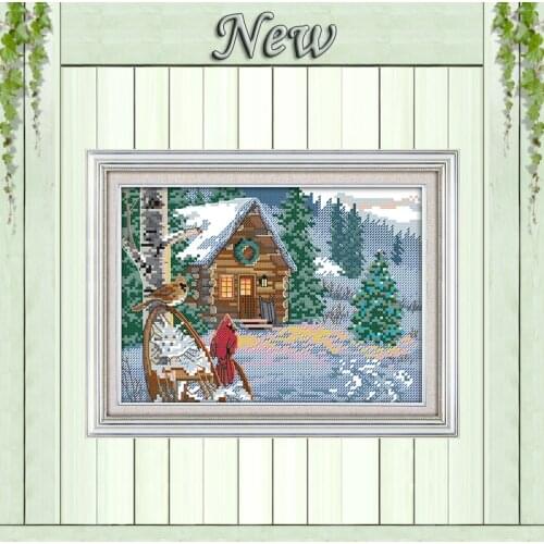 Winter cabin snow bird countryside painting counted printed on canvas DMC 14CT 11CT Cross Stitch Needlework Sets Embroidery kits