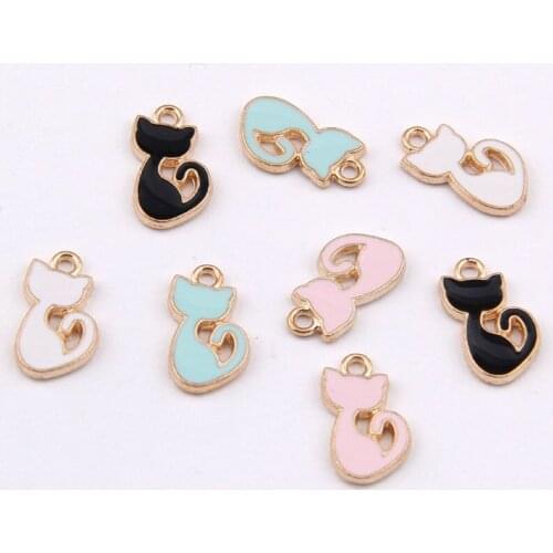 10pcs Enamel Cat Charms Animal Pendant Black Pink Blue White Random for Bracelet Earrings Jewelry DIY Accessory