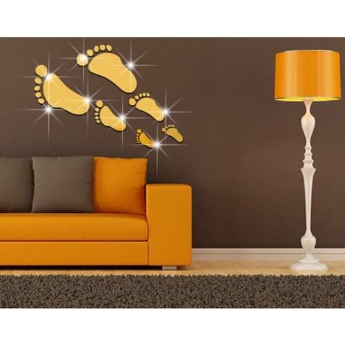 6Pcs Foot / Set Creative Home Decor Sweet Family Footprint Mirror Wall Stickers Gold Silver Room Decorative Mirrors Decals