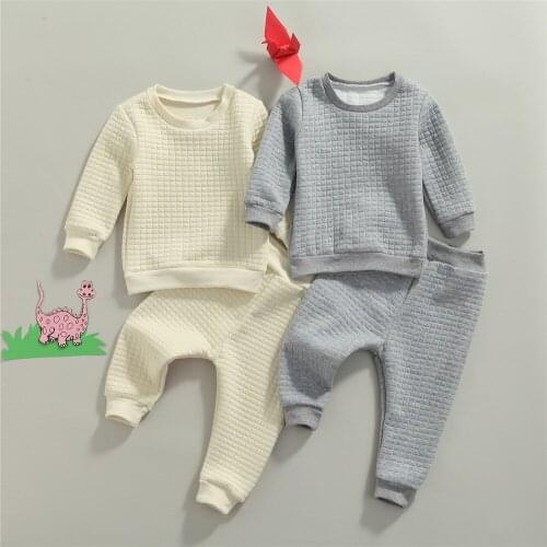 2021 0-5Y Casual Kid Baby Boy Girl Clothes Set Soft Cotton 2pcs Small Square Shape Solid Color Long Sleeve Sweatshirt+Pants Fall