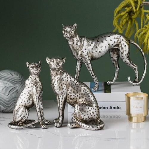 Retro Plating Silver Wild Animal Figurines Home Crafts Living Room Decor Objects Office Resin Ferocious Leopard Accessories Gift