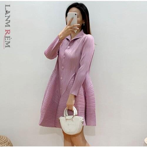 LANMREM Pleated Temperament Large Womens Dress New Black Red Color Lantern Ethnic Style Dresses 2021 Spring Autumn 2A3512