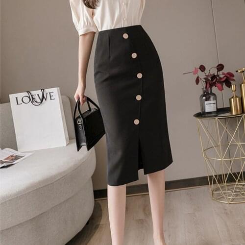LJSXLS 2021 Summer Fashion High Waist Breasted Mid Length Women Skirt Front Split Elegant Pencil Lady Office Skirts Jupe Femme