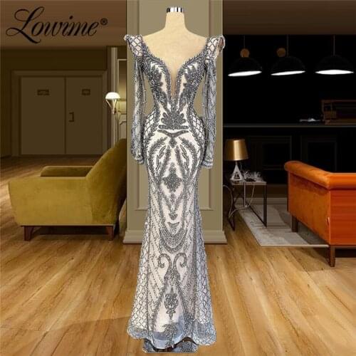Lowime Dubai Beaded Pearls Formal Long Evening Dresses 2021 Plus Size Crystal Party Gowns Custom Made Red Carpet Celebrity Dress