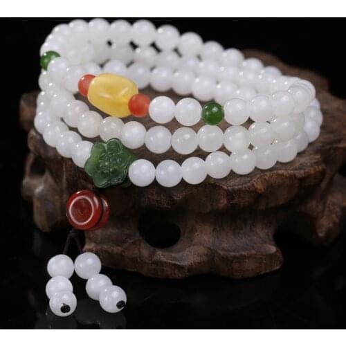 Natural Hetian White Jade Multilayer Bracelets for Women Girls Beeswax Chinese Knot Pendant Light Luxury Jewelry