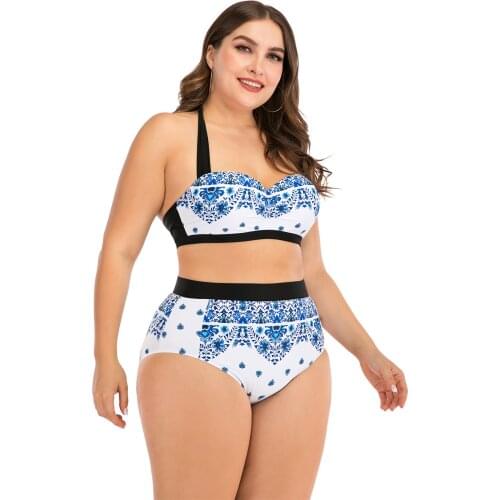 Fashion Printing Bikini Two Piece High Waist Hanging Neck Bikini Swimwear Swimming Beach