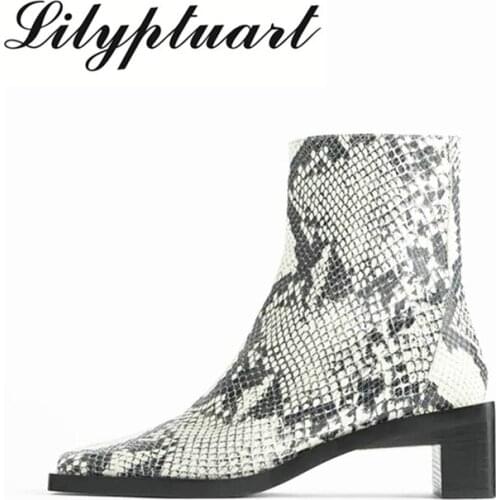 European and American style square toe fashion short boots thick heel mid-heel zipper snake print womens shoes ankle boots