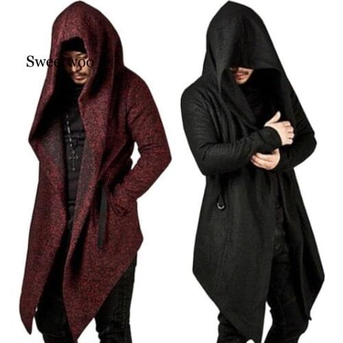 Men Hooded Open Stitch Hem irregular Long Coat Casual Fit Long Sleeve Autumn Winter Top