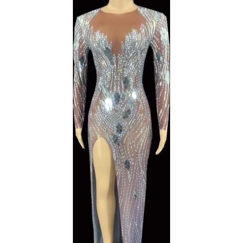 Birthday Celebrate Mesh Outfit Sexy Mirror Stones Dress Sexy Transparent Evening Long Dress Dancer Singer Costume