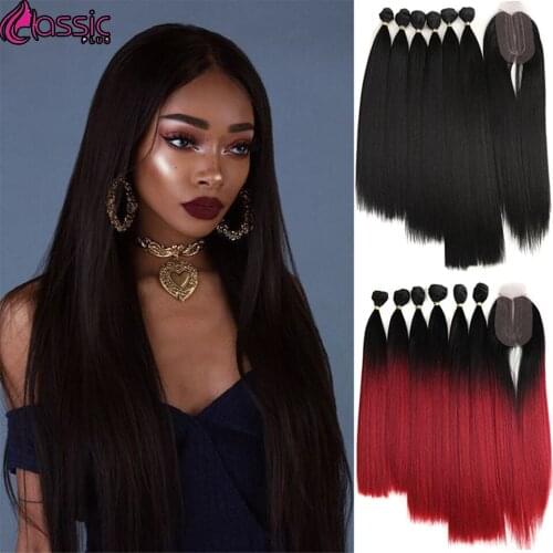 Synthetic Hair Bundle With Closure Yaki Straight Hair Extension 7Pcs/Pack Ombre Black Burgundy Straight Hair Bundle Classic Plus