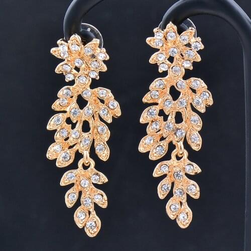 KIOOZOL Luxury Rose Gold Black Silver Color Crystal Olive Leaf Pendant Earrings For Women Wedding Party Vintage Jewelry 073 KO1