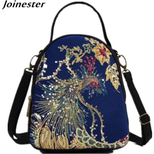 Women Backpack Canvas Sequins Small Bag Vintage Embroidered Schoolbags for Girl Top Handle Casual Bags Travel Rucksack Bling Bag