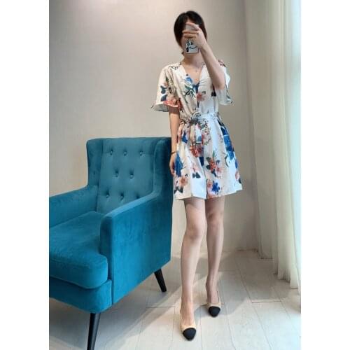 UK 2020 New Collections Floral Print Short Sleeves One Piece Jumpsuit Plus size V Neck