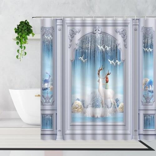 Blue Dream Landscape Shower Curtain Purple Fairy Tale Castle Elk Girl Bathroom Decoration Waterproof Bath Curtains Set With Hook