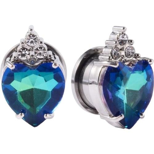 1Pair Heart Crystal Stainless Steel Ear Plugs Ear Gauges Ear Expander Tunnels Weight Earring Double Flared Body Piercing Jewelry