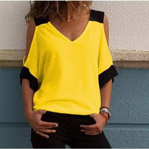 Women Blouse Patchwork Cold Shoulder shirt 5XL Plus Size Tops V-Neck Half Sleeve Female Tee Shirt Summer Casual Shirt