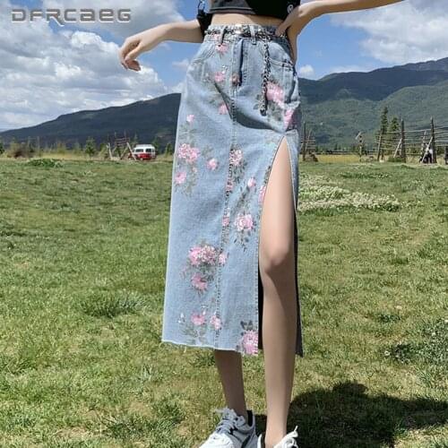 Streetwear Vintage Flowers Print Long Denim Skirts Summer 2021 High Waist Slim Sexy Open Split Straight Skirt Jeans Saias Female