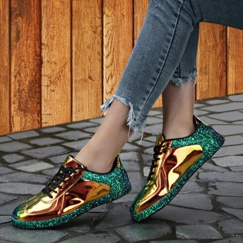 Women Sneakers Gold Glitter Shinny Bling Fashion Casual oxford Shoes Woman lady Ballet Flats Glossy Sneakers Womens shoes F3-41