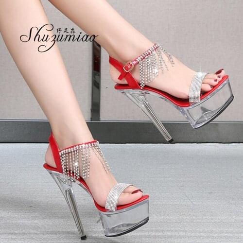 Women High Platform Sandals Heels Shoes PVC Transparent Heel Pole Dance Sandals Clear Rhinestone Sandals Striper Sexy High Heels