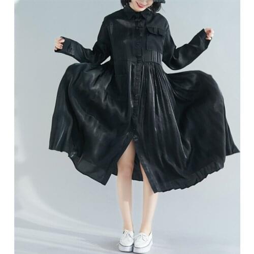 Large Size Long Dress Maxi Loose Long Sleeve Stitching Pleated Dress Women Single Breasted Pocket Vestidos Solid Black Dress