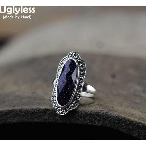 Uglyless Chalcedony Women Gemstones Rings Vintage Thai Silver Irregular Geometric Open Rings 925 Silver Marcasite Exotic Jewelry