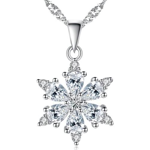 100% 925 sterling silver fashion shiny crystal snowflake ladies'pendant necklaces women jewelry water-wave chain no fade