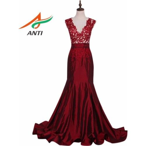 ANTI Fashion Taffeta V-Neck Cap Sleeves Long Evening Dresses 2019 Beaded Burgundy Mermaid Floor Length Evening Dress HQY226