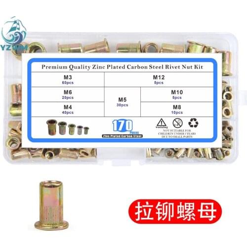 170pcs rivet nut box m3m4m5m6m8m10m12 color zinc flat head stripe rivet nut