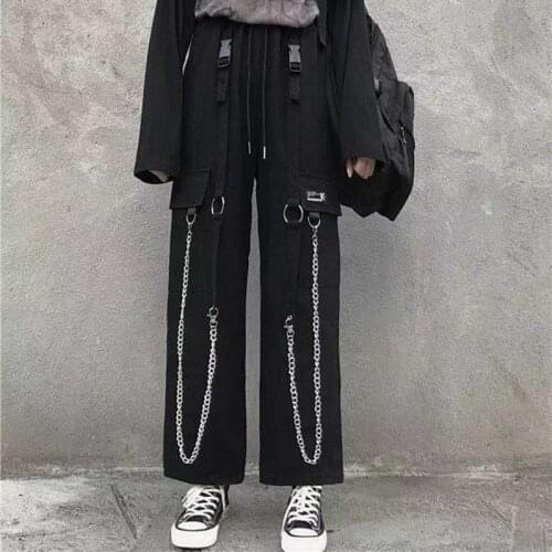 2021 Mens Harajuku Streetwear Hip Hop Retro Straight Pants Japanese Chain Overalls Loose Casual Pants Black Color Trousers