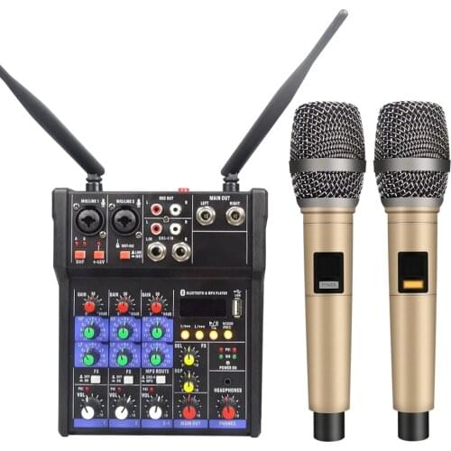 4 Channels Audio Mixer Wireless Microphone Condenser Microphone kits Audio Interface Bluetooth Mixing Console 48V Phantom Power