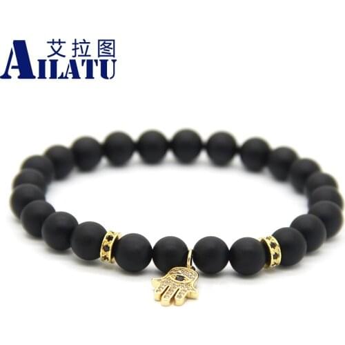 Ailatu 10pcs Black Matte Onyx Stone Zircon Hand Hamsa Charm Pendant Bracelet
