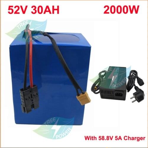52V 30AH Electric Bike Ebike battery Pack 2000W 14S 51.8V Lithium Batterie with 50A BMS 58.8V 5A Charger