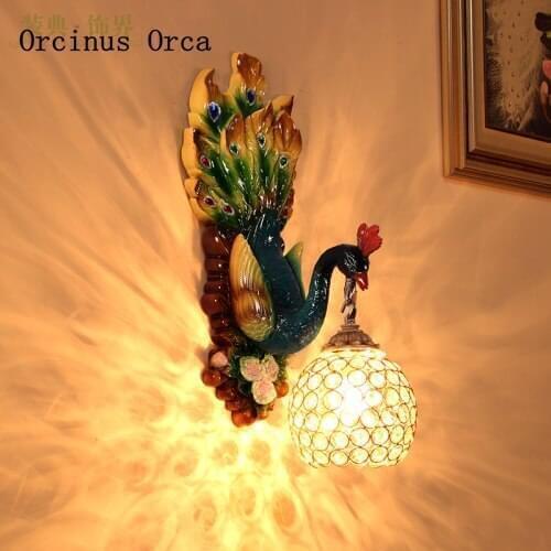 European retro color peacock crystal wall lamp living room corridor bedroom bedside lamp modern creative resin bird wall lamp
