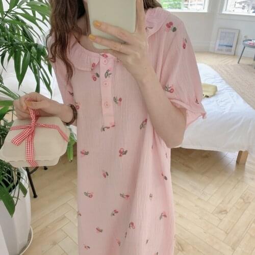 Korean Floral Print Summer Nightgown Women O-Neck Ruffles Short Sleeve Casual Cotton Long Sleepwear Kawaii Home Clothes Ins