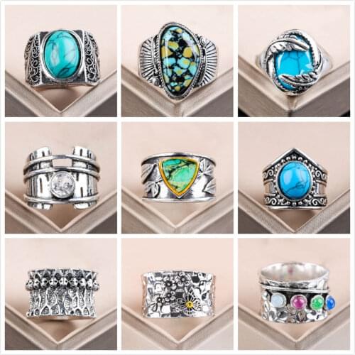 Hot Womens Rings Vinrage Bohemian Geometric Artificial Gemstone Decorative Alloy Ring Punk Party Jewelry Gifts Hot 2021 New