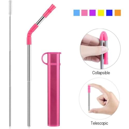 Reusable Collapsible Straw Portable Stainless Steel Drinking Straw with Case, Straw Tip and Cleaning Brush for Travel Party home